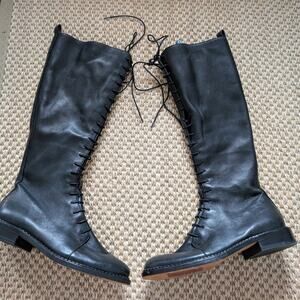 VINCE Cabria Leather Lace-Up Knee-High Boots, Black, 6.5, NWD, Broken Zipper